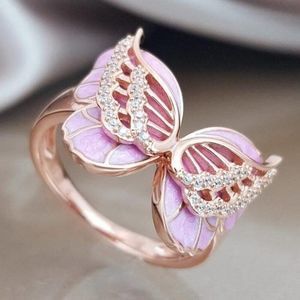 Women's Pink Butterfly CZ Diamond Rose Gold Cocktail Engagement Ring Jewelry